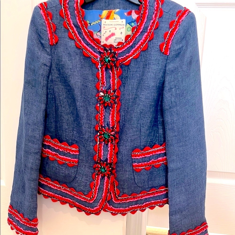 Maison Common denim blazer red crystal buttons, red& pink trim